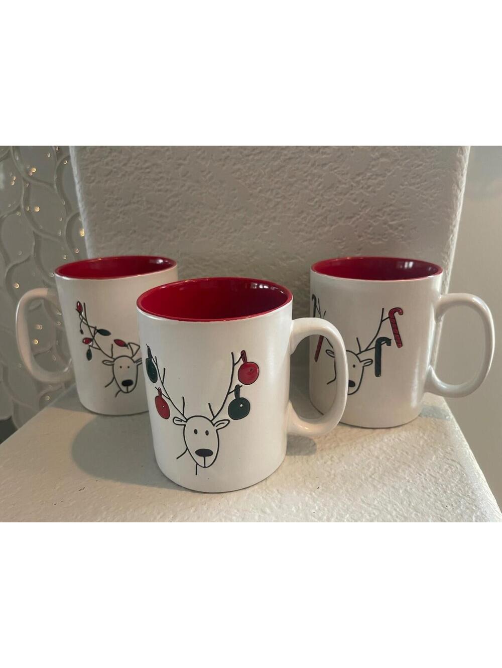 Set of 3 Coffee Mugs by Rudy B&A White red  Reindeer